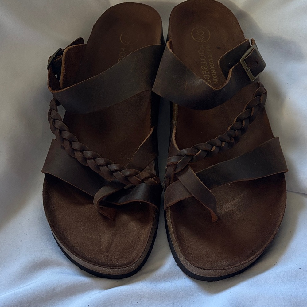 Brown Braided Leather Slide Sandals